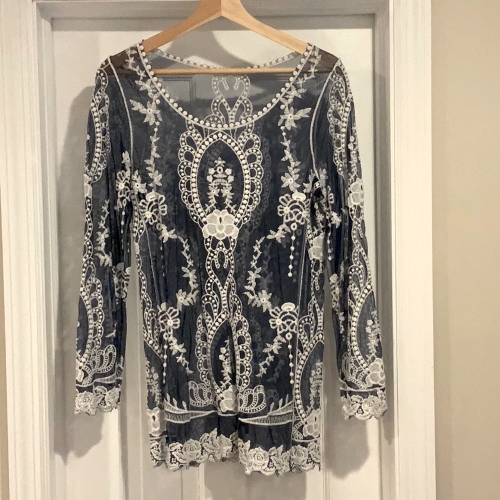 Blue and White Embellished 3/4 Sleeve Swim Coverup/ sheer tunic top one size